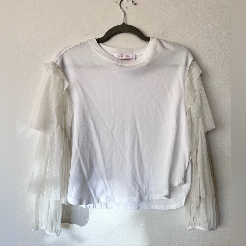 See by Chloe White Sheer Long Sleeve Tiered Sleeve Lace Top XS